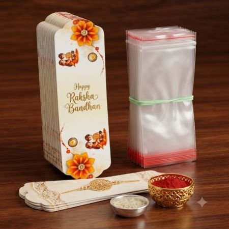 Premium Rakhi Card Packaging Combo (Pack of 100) | Decorative Raksha Bandhan Display Cards with Clear Self-Adhesive Sleeves
