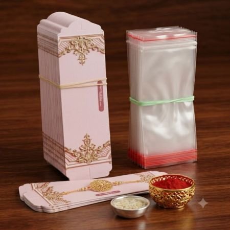 Premium Rakhi Card Packaging Combo (Pack of 100) | Decorative Raksha Bandhan Display Cards with Clear Self-Adhesive Sleeves